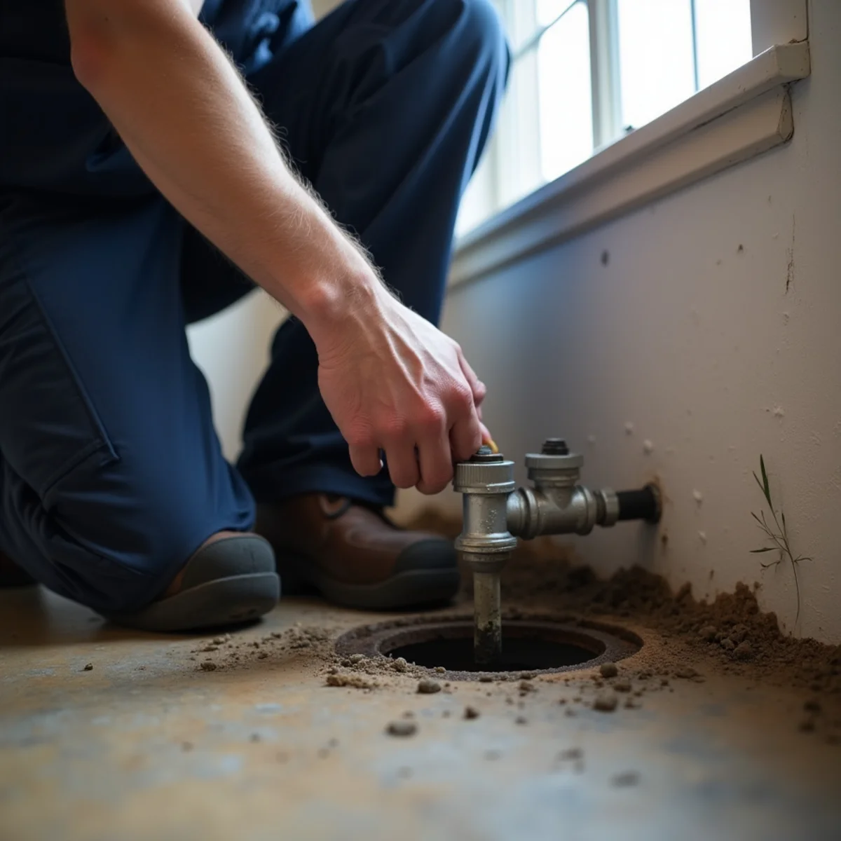 A plumber testing a sump pump and drains in a Littleton, CO basement