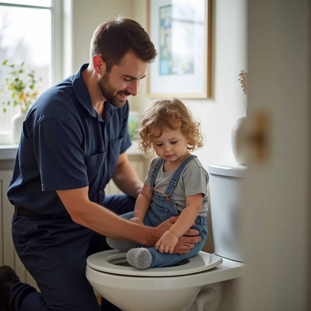 A parent teaching a child proper toilet habits in a Colorado home