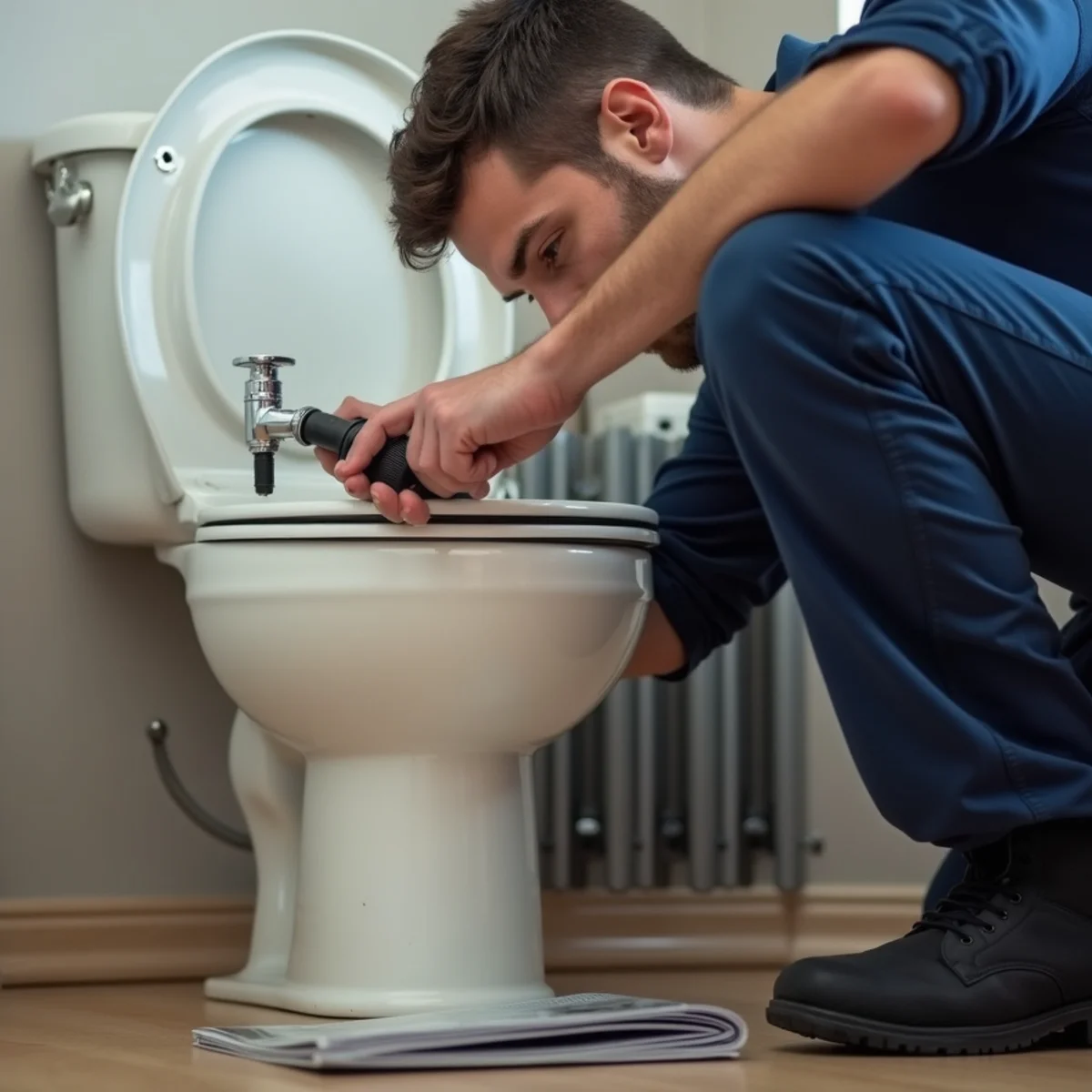 A plumber checking a toilet tank flapper and fill valve for a strong flush