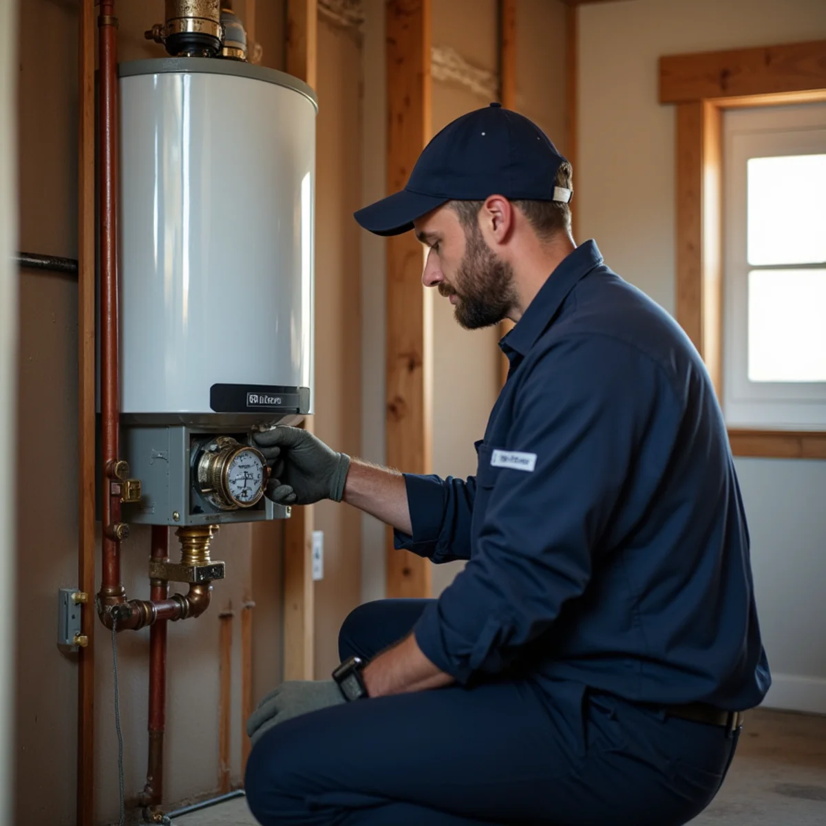 Technician replacing a water heater in a Denver metro home basement