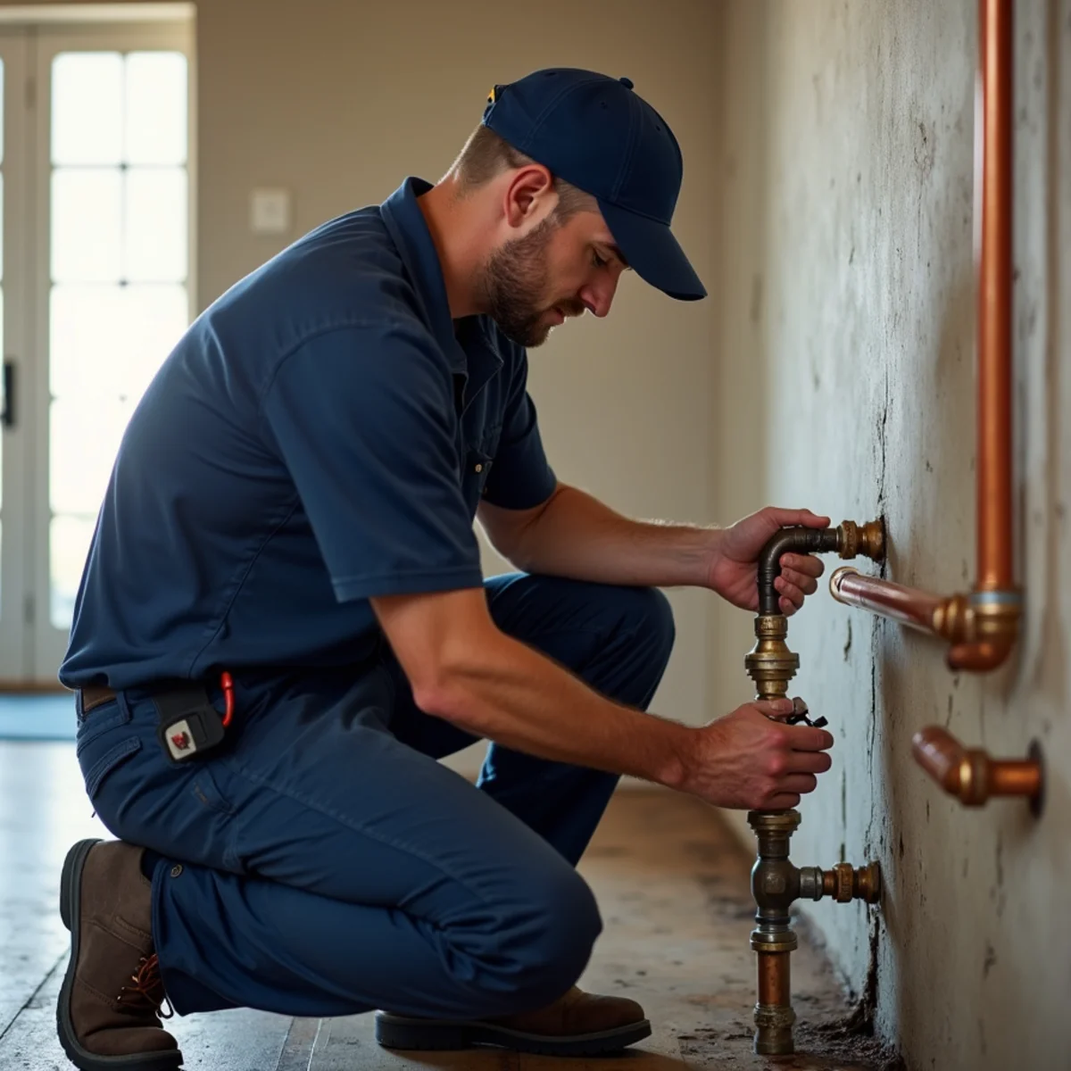 Plumber repairing a burst water pipe in a Littleton, CO home