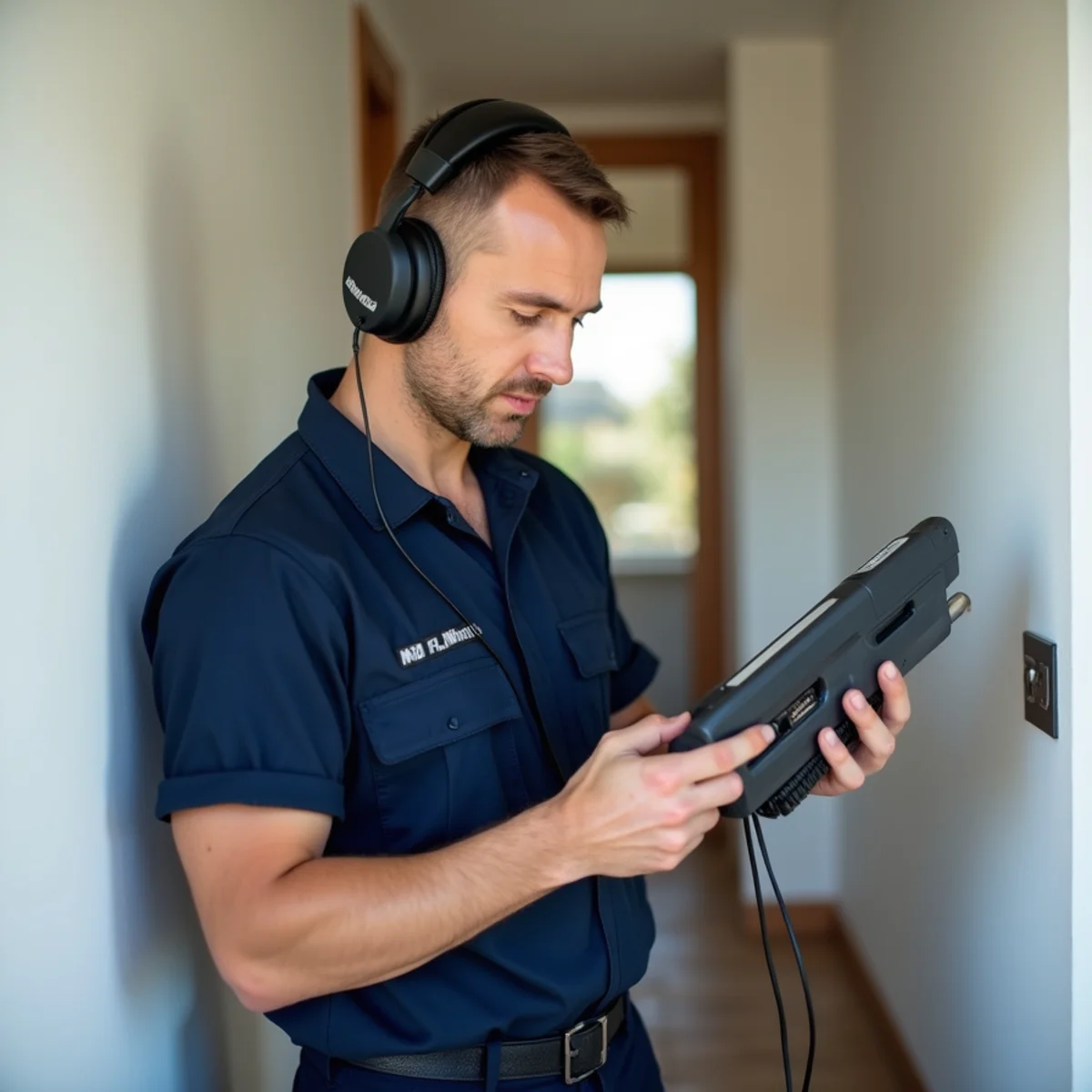 Plumber using acoustic leak detection equipment in a Littleton, CO home